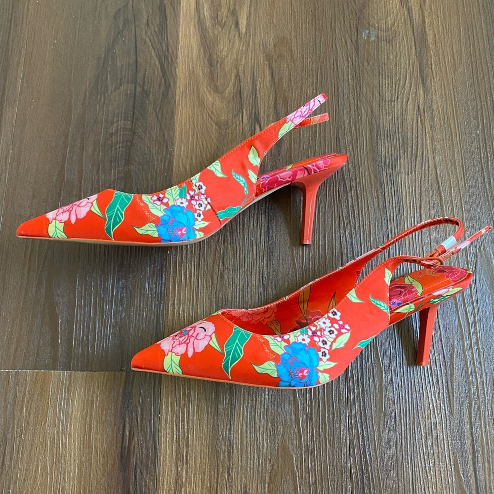 Aldo red pink green blue white floral satin slingbacks pointed toe heels pumps